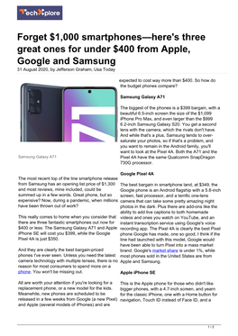 Forget $1,000 Smartphones—Here's Three Great Ones for Under $400 from Apple, Google and Samsung 31 August 2020, by Jefferson Graham, Usa Today