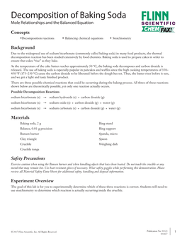 Decomposition of Baking Soda Mole Relationships and the Balanced Equation SCIENTIFIC