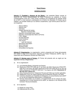 Las Presentes Bases Norman El Desarrollo Del Torneo Descentralizado De Fútbol Profesional (En Adelante El Torneo) Correspondiente Al Año 2011