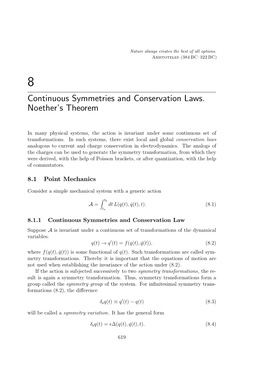 Continuous Symmetries and Conservation Laws. Noether's