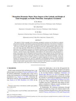 Mongolian Mountains Matter Most: Impacts of the Latitude and Height of Asian Orography on Paciﬁc Wintertime Atmospheric Circulation