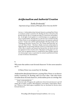 Artifactualism and Authorial Creation Zsóﬁa Zvolenszky* Department of Logic, Institute of Philosophy, Eötvös University (ELTE)