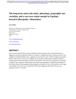 The Long-Term Sand Crab Study: Phenology, Geographic Size Variation, and a Rare New Colour Morph in Lepidopa Benedicti (Decapoda: Albuneidae)