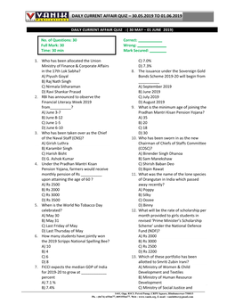 Daily Current Affair Quiz – 30.05.2019 to 01.06.2019