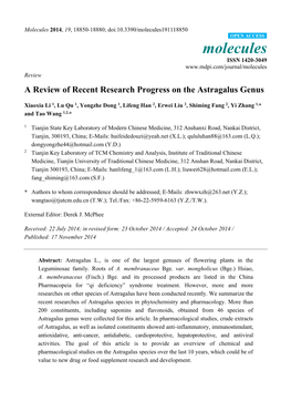 A Review of Recent Research Progress on the Astragalus Genus