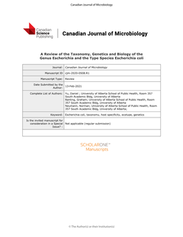 A Review of the Taxonomy, Genetics and Biology of the Genus Escherichia and the Type Species Escherichia Coli