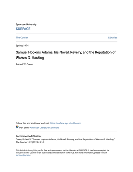 Samuel Hopkins Adams, His Novel, Revelry, and the Reputation of Warren G. Harding