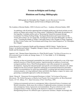 Forum on Religion and Ecology Hinduism and Ecology Bibliography