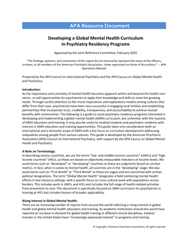 Developing a Global Mental Health Curriculum in Psychiatry Residency Programs