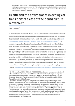 Health and the Environment in Ecological Transition: the Case of the Permaculture Movement » in F