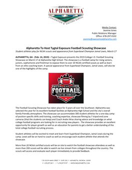 Alpharetta to Host Tygtal Exposure Football Scouting Showcase Student Athletes Play for NCAA Scouts and Appearance from Superbowl Champion Jamal Lewis, March 17