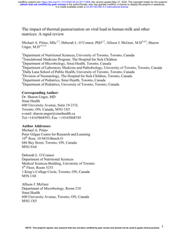 The Impact of Thermal Pasteurization on Viral Load in Human Milk and Other Matrices: a Rapid Review