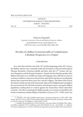 The Idea of a Balkan Commonwealth Or Confederation: a Realistic Perspective Or a Utopia?