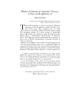 Pletho's Criticism of Aristotle's Virtues: a Note on De Differentiis 12