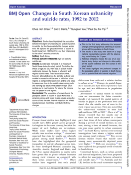 Changes in South Korean Urbanicity and Suicide Rates, 1992 to 2012