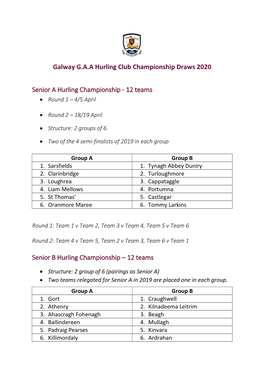 Galway G.A.A Hurling Club Championship Draws 2020 Senior