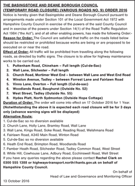 The Basingstoke and Deane Borough Council (Temporary Road Closure) (Various Roads No