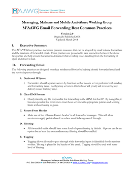 M3AAWG Email Forwarding Best Common Practices Version 2.0 Originally Published 2008 Updated March 2014 I