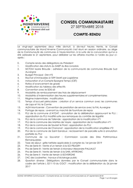 Compte-Rendu Du Conseil Communautaire Du 27 Septembre 2018 Page 1 Sur 43 Pages Présents : MM