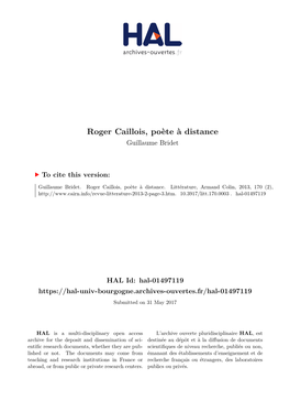 Roger Caillois, Poète À Distance Guillaume Bridet