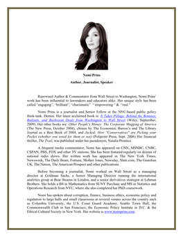 Nomi Prins Author, Journalist, Speaker Renowned Author