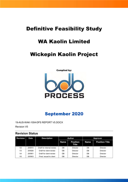 Definitive Feasibility Study WA Kaolin Limited Wickepin Kaolin Project