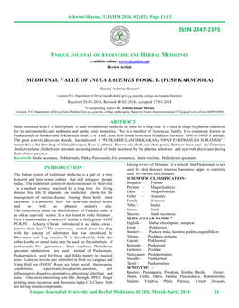 MEDICINAL VALUE of INULA RACEMES HOOK. F. (PUSHKARMOOLA) Sharma Ashwini Kumar*