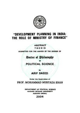 Development Planning in India: the Role of Ministry of Finance"