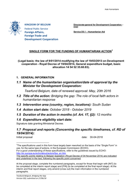 1.1 Name of the Humanitarian Organisation/Date of Approval by the Minister for Development Cooperation: Tearfund Belgium, Date