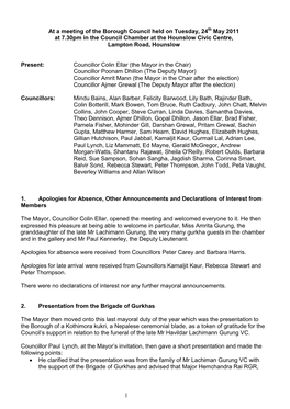 1 at a Meeting of the Borough Council Held on Tuesday, 24Th May 2011 at 7.30Pm in the Council Chamber at the Hounslow Civic Cent