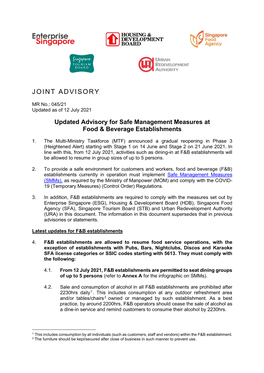 Updated Advisory for Safe Management Measures at F&B