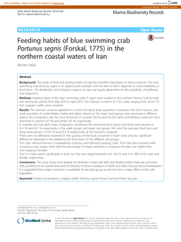 Feeding Habits of Blue Swimming Crab Portunus Segnis (Forskal, 1775) in the Northern Coastal Waters of Iran Mohsen Safaie