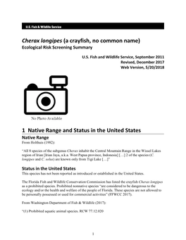 Cherax Longipes (A Crayfish, No Common Name) Ecological Risk Screening Summary