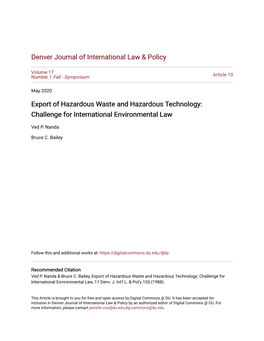 Export of Hazardous Waste and Hazardous Technology: Challenge for International Environmental Law