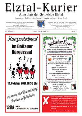 Elztal-Kurier Amtsblatt Der Gemeinde Elztal Auerbach – Dallau – Muckental – Neckarburken – Rittersbach
