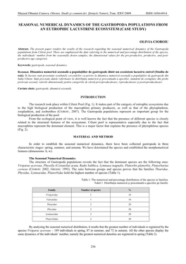 Seasonal Numerical Dynamics of the Gastropoda Populations from an Eutrophic Lacustrine Ecosystem (Case Study)