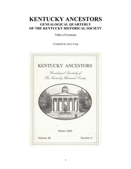 Kentucky Ancestors Genealogical Quarterly of the Kentucky Historical Society