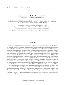 Assessment of Radon Concentration of Ground Water in Ijero Ekiti