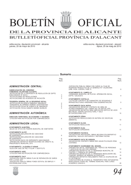 BOLETÍN OFICIAL DE LA PROVINCIA DE ALICANTE BUTLLETÍ OFICIAL PROVÍNCIA D'alacant Edita Excma