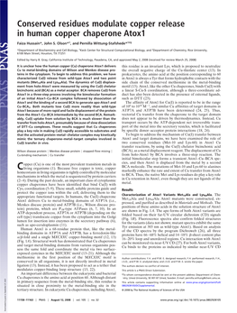 Conserved Residues Modulate Copper Release in Human Copper Chaperone Atox1