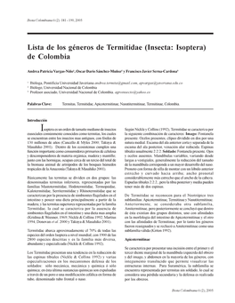 Lista De Los Géneros De Termitidae (Insecta: Isoptera) De Colombia