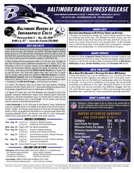 Baltimore Ravens Press Release Under Armour Performance Center 1 Winning Drive Owings Mills, Md 21117 Ph: 410-701-4000 Baltimoreravens.Com Twitter: @Ravens