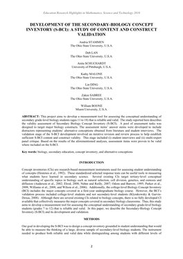 Development of the Secondary-Biology Concept Inventory (S-Bci): a Study of Content and Construct Validation