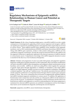 Regulatory Mechanisms of Epigenetic Mirna Relationships in Human Cancer and Potential As Therapeutic Targets