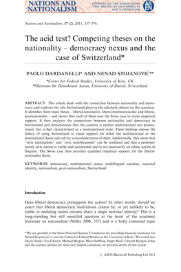 Competing Theses on the Nationality – Democracy Nexus and the Case of Switzerlandn