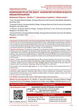 MORPHOMETRY of the ADULT HUMAN DRY HIP BONE in SOUTH INDIAN POPULATION Bollavaram Pullanna 1, Bindhu S *2, Ramakrishna Avadhani 3, Meera Jacob 4