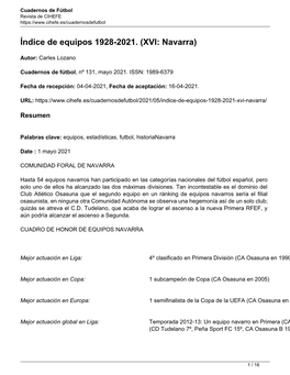 Índice De Equipos 1928-2021. (XVI: Navarra)