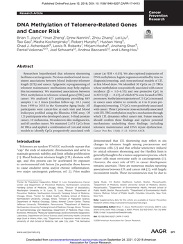 DNA Methylation of Telomere-Related Genes and Cancer Risk Brian T