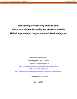 Beskatning Av Ansvarlig Selskap Etter Deltakermodellen, Herunder Der Skatteavtale Eller Kildeskattprinsippet Begrenser Norsk Beskatningsrett