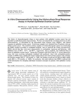 In Vitro Chemosensitivity Using the Histoculture Drug Response Assay in Human Epithelial Ovarian Cancer